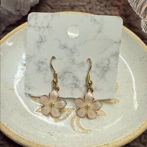 Gold and Pink Flower Drop Earrings